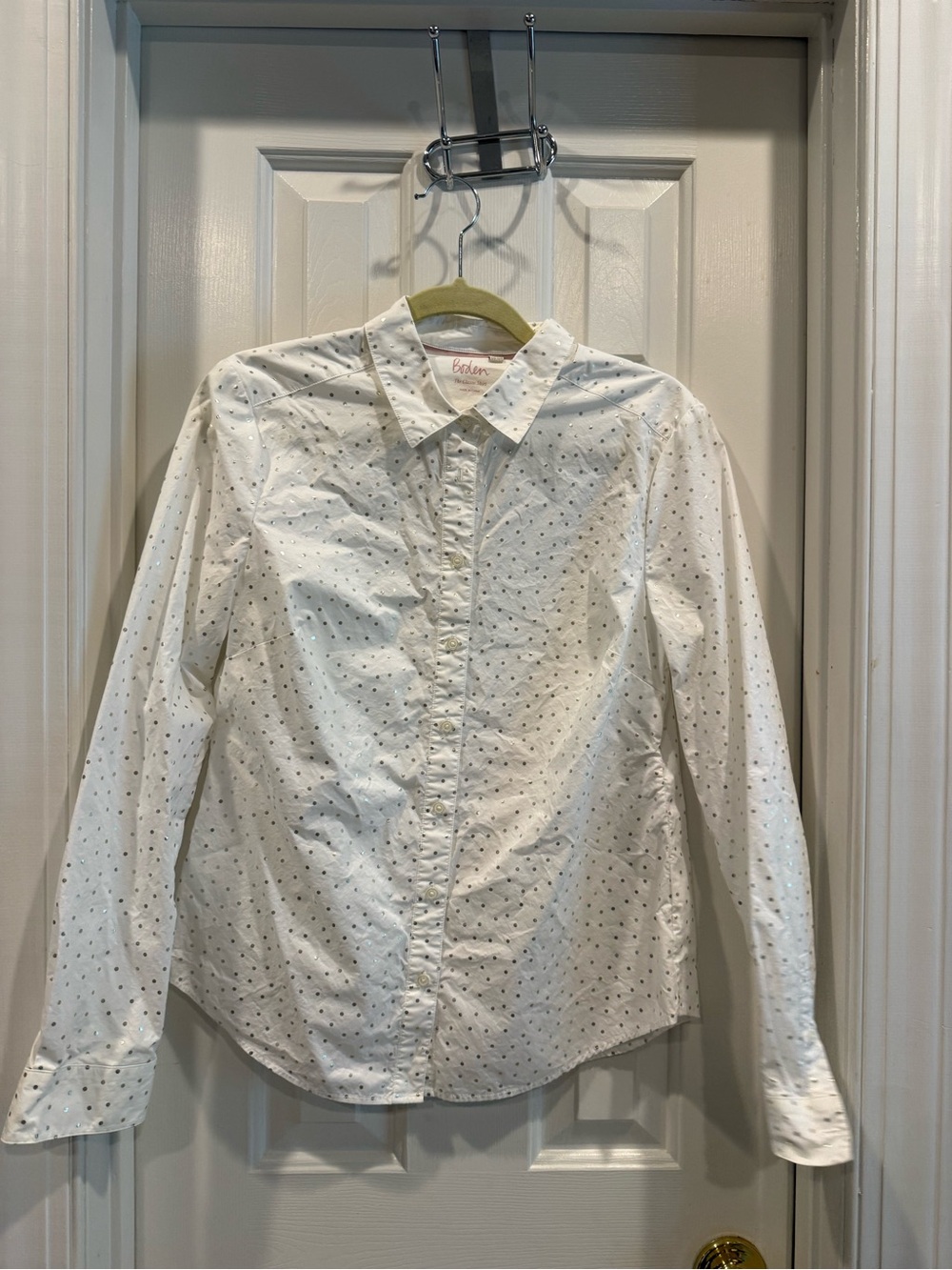Boden White Eyelet Button-Down Shirt with Tiny Dot Design